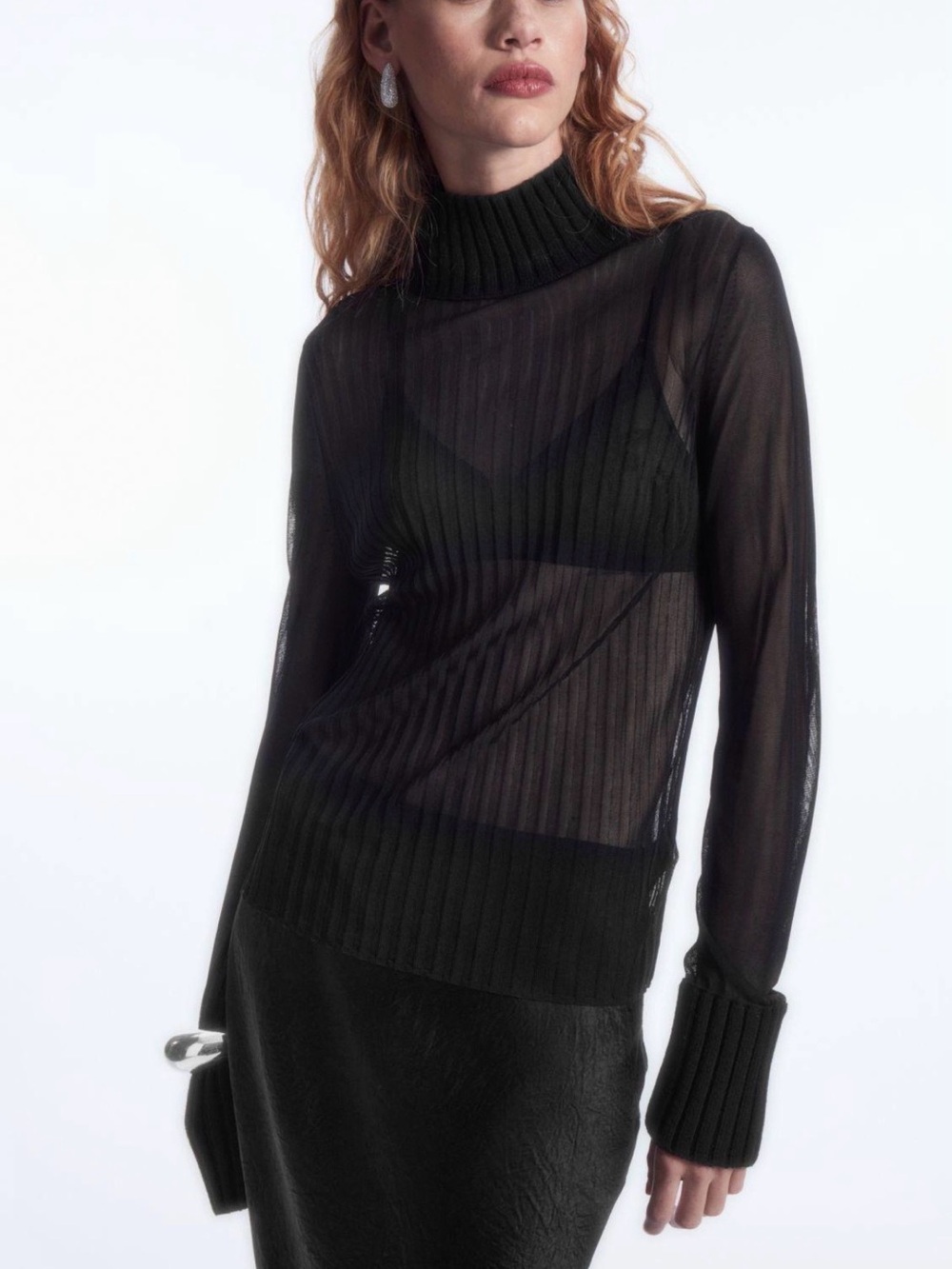 COS Sheer Ribbed Turtleneck Sweater - Black